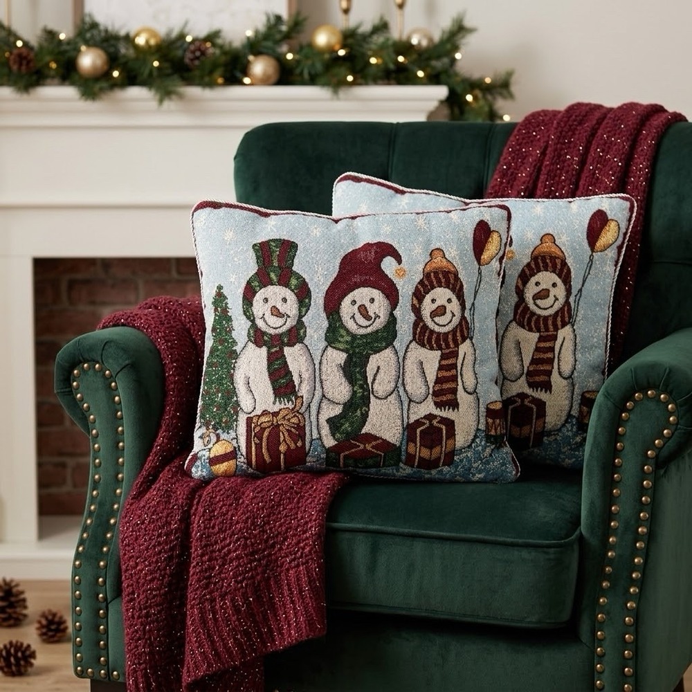 Vintage Pair Snowman Tapestry Throw Pillows 16x15 Christmas Winter Holiday Decor